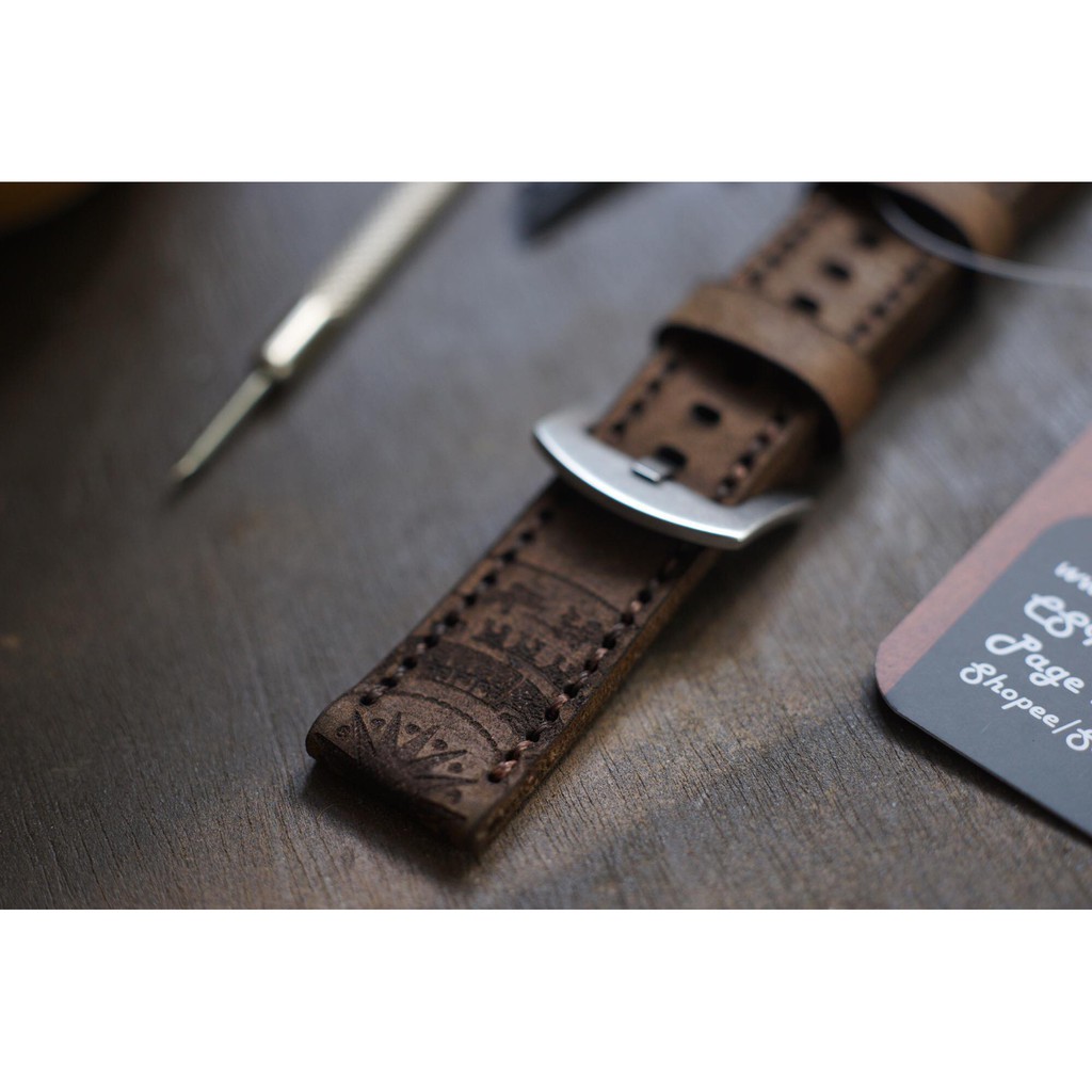 Dây Đồng Hồ Da Bò Thật Bền Đẹp Họa Tiết Trống Đồng Nâu Đất - Ram Traditional Dark Brown