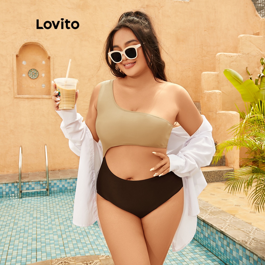 Đồ bơi dáng ngắn Lovito plus size ghép nối màu sắc một bên vai có miếng đệm tháo rời cho nữ LPS03021 (nhiều màu sắc)