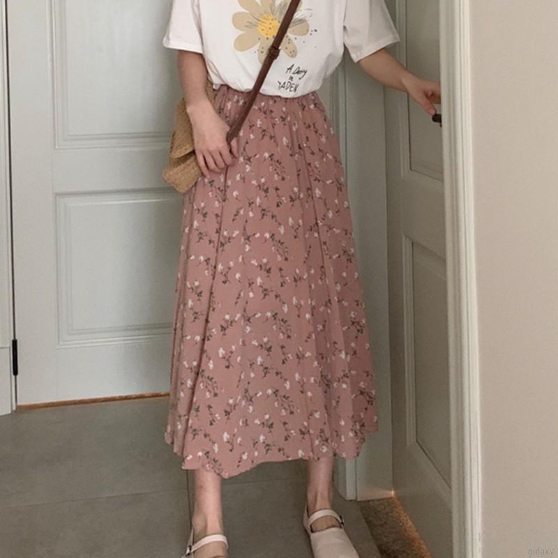 Chân Váy Dài Lưng Cao In Hoa Kiểu Retro Hàn Quốc Xinh Xắn Dành Cho Nữ