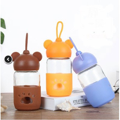 BN3 Bình Nước Thủy Tinh Nắp gấu 300ml bình gấu cute chai nước dễ thương