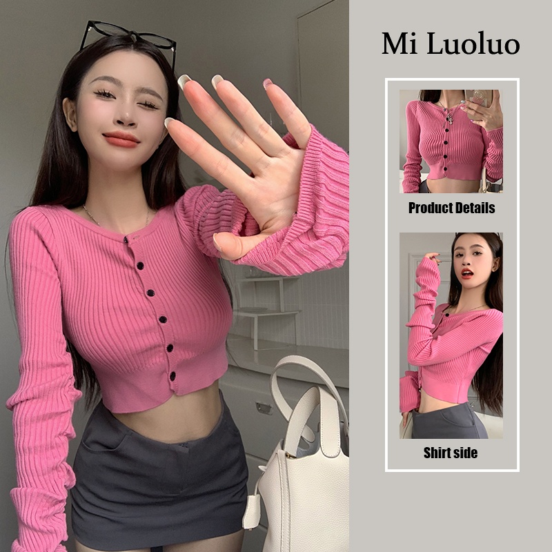 Áo Croptop Dệt Kim Tay Dài Màu Hồng Thời Trang Hàn Quốc Cho Nữ