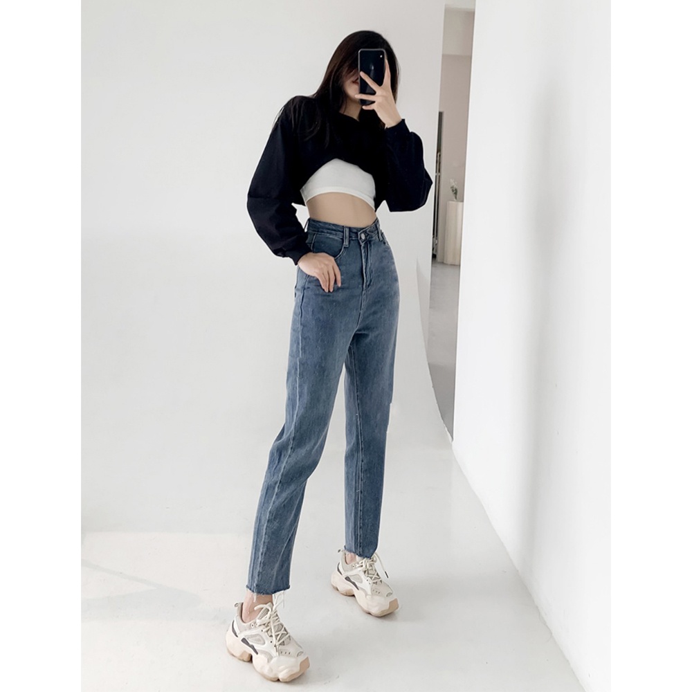 Quần baggy jean Chollima ống nhỏ trơn tua lai QD039 phong cách hàn quốc trẻ trung năng động