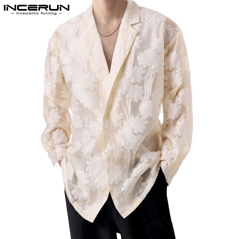 Áo sơ mi INCERUN tay dài thoáng khí thêu hoa nhìn thấu thời trang cho nam