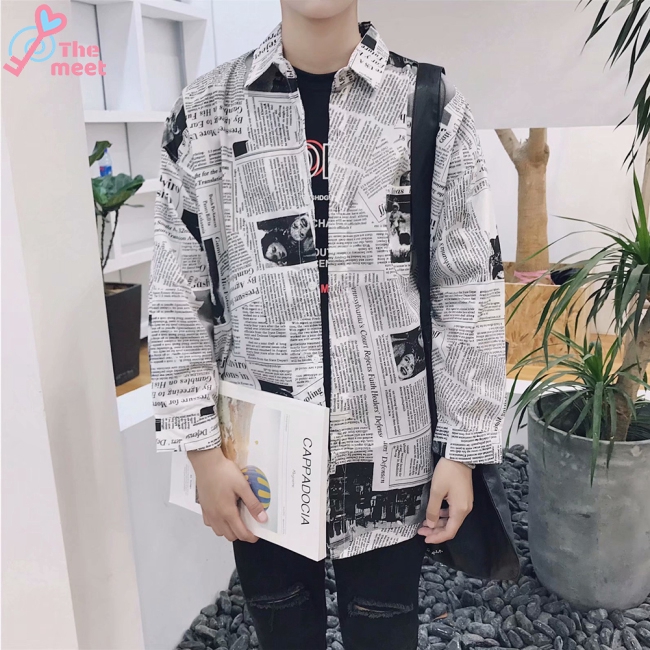 Áo sơ mi tay dài hoạ tiết tờ báo thời trang mùa xuân hè