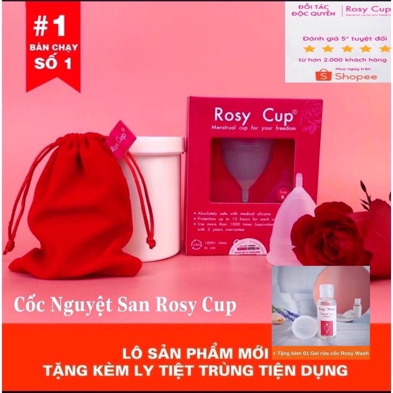 Cốc nguyệt san Rosy Cup Silicone y tế chính hãng USA kèm full quà cốc và gel vs .