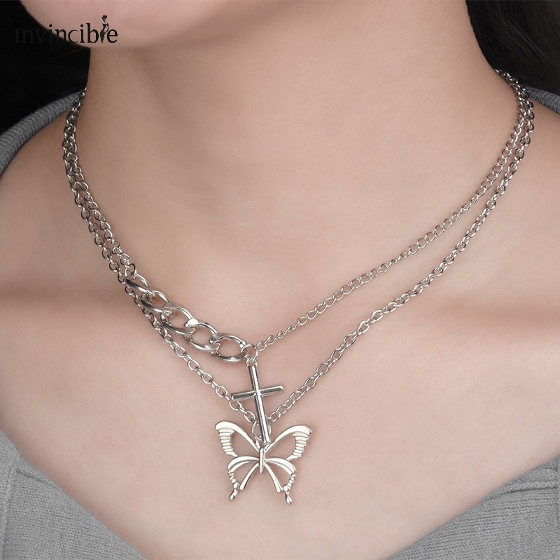 Vòng cổ Hai Lớp Mặt Hình Bướm Và Thánh Giá Phong Cách Hàn Quốc