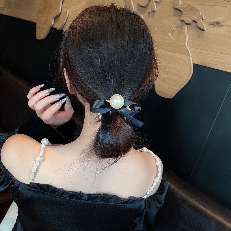 Dây Cột Tóc Hình Nơ Đính Ngọc Trai Đơn Giản Thời Trang Cho Nữ