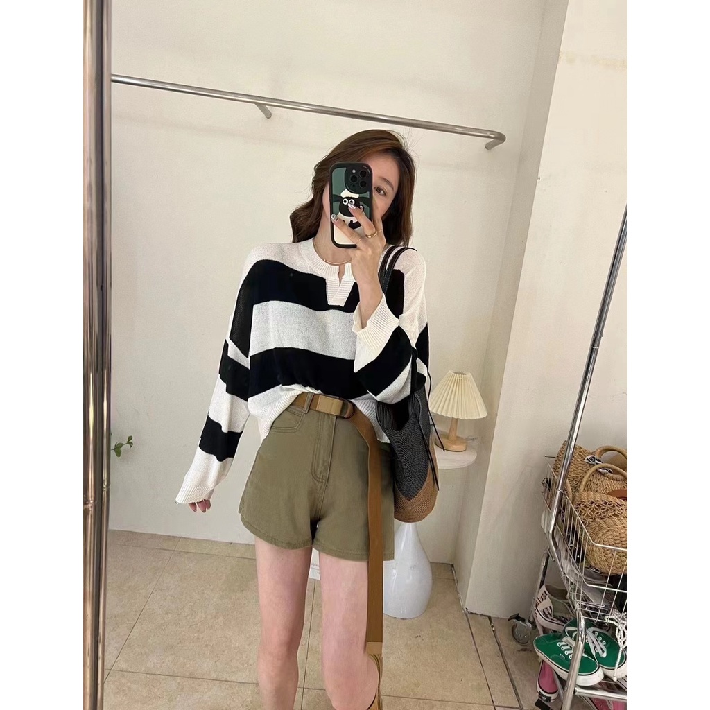 Áo len ZHELIHANGFEI tay dài cổ chữ V dáng rộng họa tiết kẻ sọc ngang