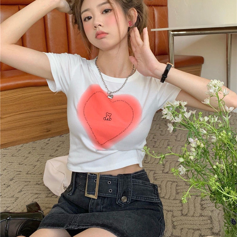 Áo Thun Ngắn Tay Dáng Ôm In Họa Tiết Trái Tim Xinh Xắn Kiểu Hàn Quốc COZOK