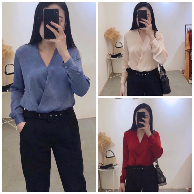 ÁO SƠ MI LỤA CỔ CHÉO TAY DÀI HÀNG hót 2019