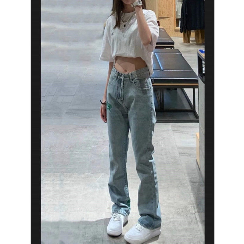 American high street fluorescent embroidery slim micro horn jeans women's fashion hip hop accumulation feeling plus pants fashion