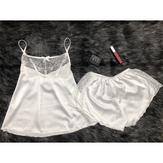 Bộ đồ ngủ Pyjama mặc nhà -Bộ Lụa sexy 2 dây phối ren