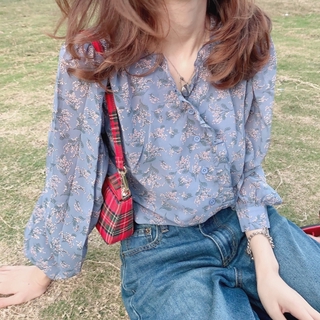 [Seckill] ~ Áo Sơ Mi Nhỏ Phiên Bản Hàn Quốc Phong Cách Phương Tây Nhẹ Nhàng Áo Sơ Mi Voan Hoa Nữ Tay Dài Đáy Áo Sơ Mi Tay Phồng Top