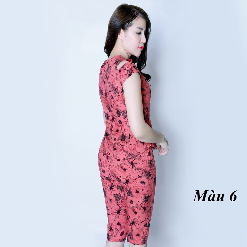 Bộ mặc nhà lanh Vicci BN078 áo cộc tay cách điệu, quần lửng phối họa tiết