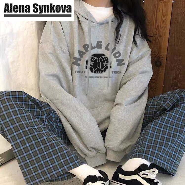 Áo sweater vải cotton có mũ trùm đầu tay dài dáng rộng in họa tiết phong cách Hàn Quốc thời trang cho nữ