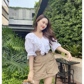 Set áo bèo trắng + short tây nude kèm belt Xinh ngất ngây con gà tây luôn đó ạ.Áo tiểu thư điệu đà bèo nhẹ nhàng cùng sh