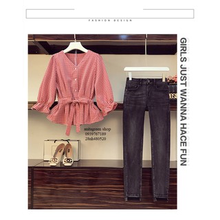 nh480520-ÁO KIỂU SỌC THẮT NƠ EO