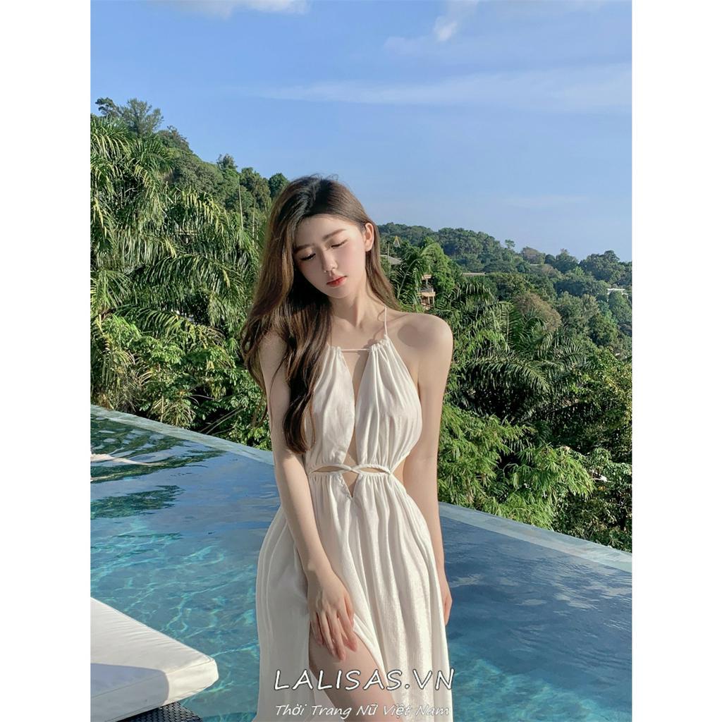 Lalisas Đầm Dài Không Tay Khoét Lỗ Màu Trắng Quyến Rũ Thời Trang Đi Biển Cho Nữ