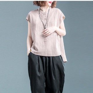 Áo kiểu nữ dáng lửng tay hến form rộng cổ trụ SLINEN, chất vải đũi thô mềm mát, form suông rộng không kén dáng.