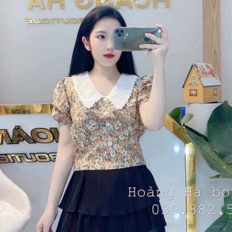 Xả hàng áo sơ mi hoa nhí phối cổ trắng viền ren khoá sườn