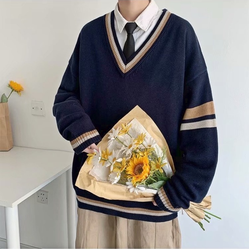 Áo Sweater Dệt Kim Tay Dài Dáng Rộng Cổ Chữ V Thiết Kế Đơn Giản Thời Trang Cho Nam
