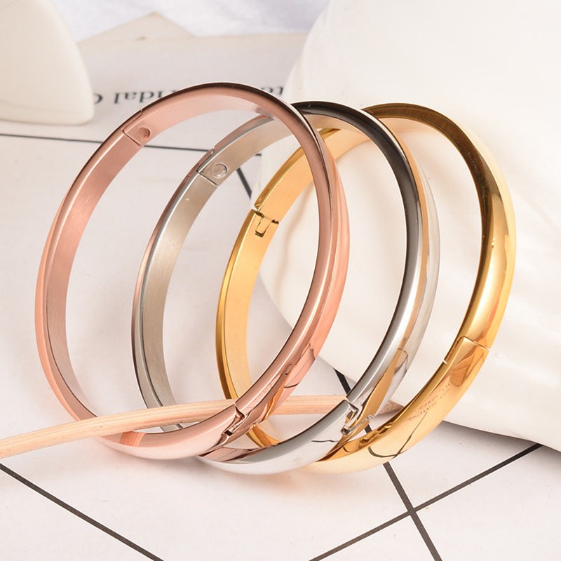 Vòng tay thép titan mạ vàng hồng 18K sáng bóng dày dặn hình bầu dục phong cách tối giản thời trang Hàn Quốc cho cặp đôi