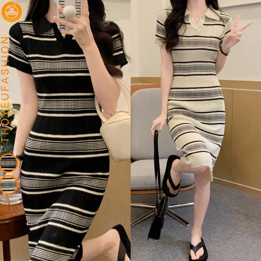 Váy Polo nữ THOYEUFASHION Váy chất len Kẻ Sọc Kiểu Retro Xinh Xắn, Đầm Dài Qua Gối Tay Ngắn Thời Trang Mùa Hè Thu Cho Nữ