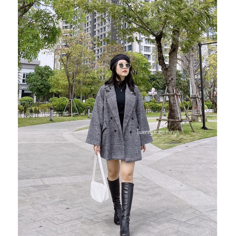 Áo Blazer Dạ Kẻ Oversize 2 Lớp Hàn Quốc (ảnh thật/sẵn/video)