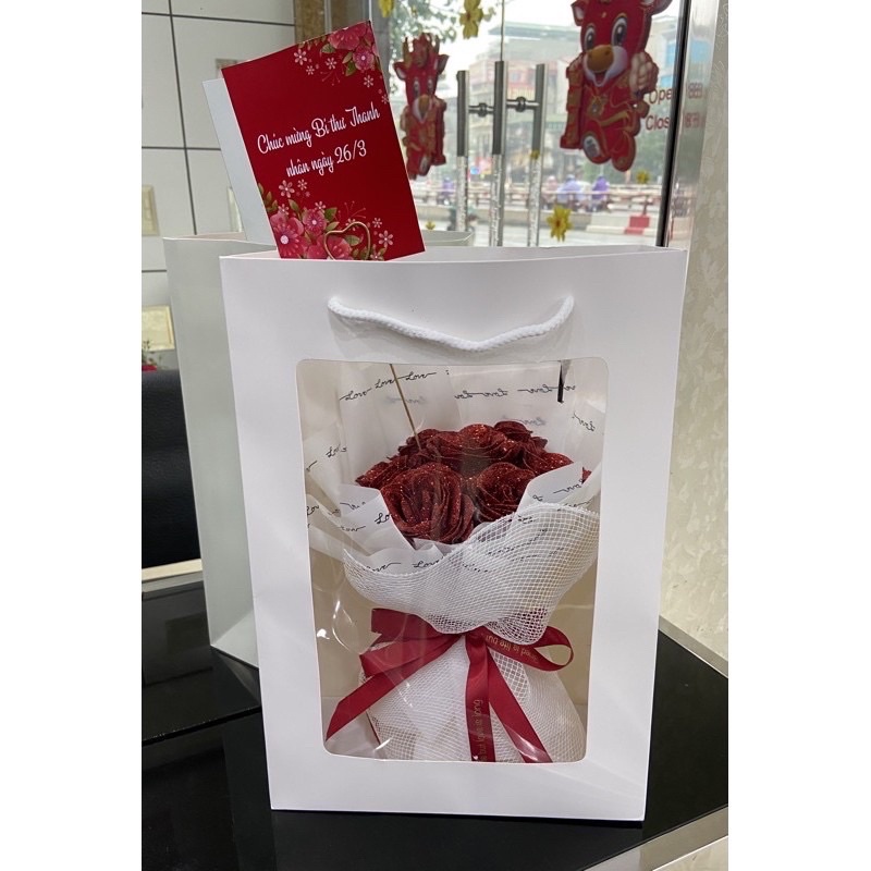 [quà sinh nhật-quà 14/2] Combo Bó hoa hồng nhũ 7 bông tặng kèm Túi + Thiệp như hình