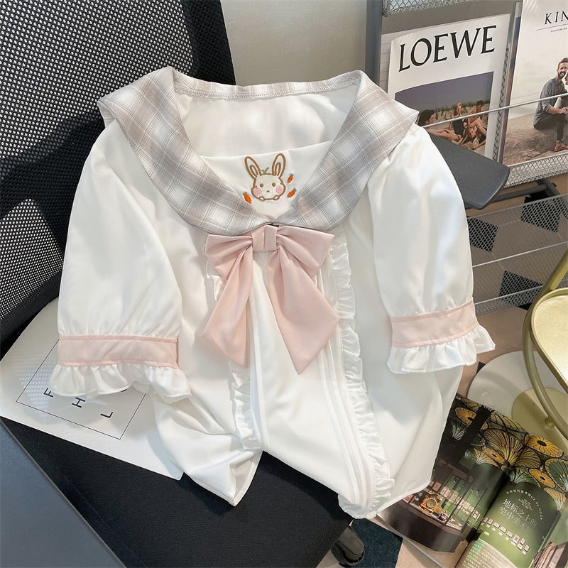Áo Sơ Mi Cổ Hải Quân Thắt Nơ Tai Thỏ Nhỏ Thiết Kế Độc Đáo Phong Cách Retro Mùa Hè Mới Cho Nữ