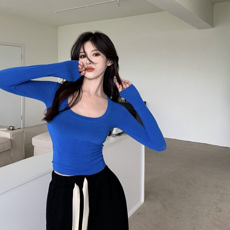 COZOK Áo Thun Tay Dài Cổ Chữ U Dáng Ôm Thời Trang Cho Nữ