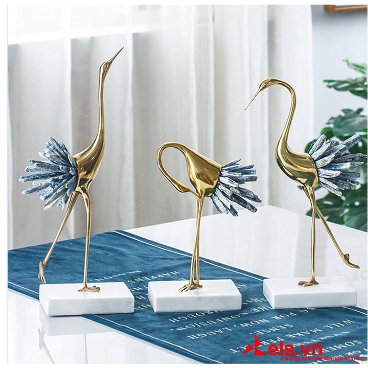 Bộ 3 Chim Hạc Vàng Đính Đá Pha Lê Xanh C3