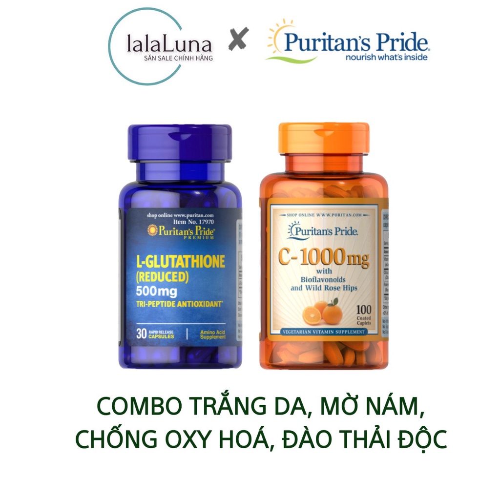 Combo viên uống hỗ trợ Trắng Da, Mờ Nám, Chống Oxy Hoá, Đào Thải Độc L- Glutathione & Vitamin C Puritan’s Pride