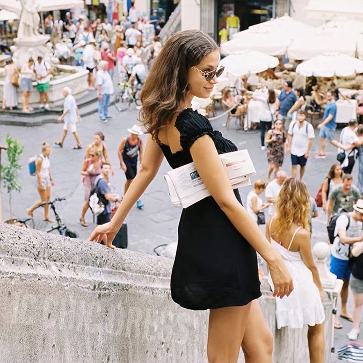 Váy xòe chữ A cổ vuông nhún ngực tay bồng màu đen WANAWEAR đầm ôm body trễ vai sexy quyến rũ hàng quảng châu cao cấp