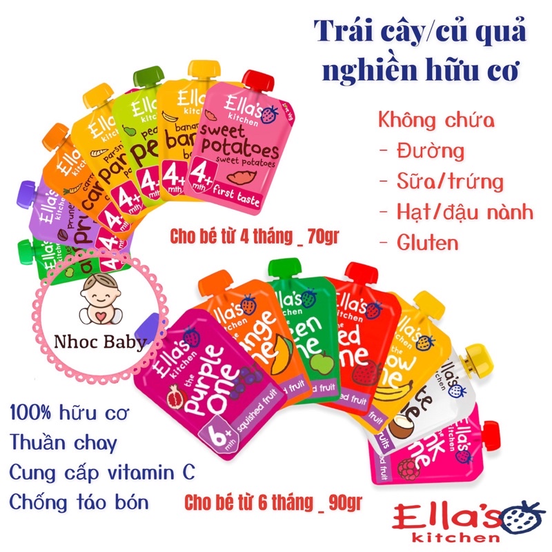 Hoa quả nghiền, Sữa chua trái cây Ella s Kitchen cho bé 4 6m+ 70g air UK