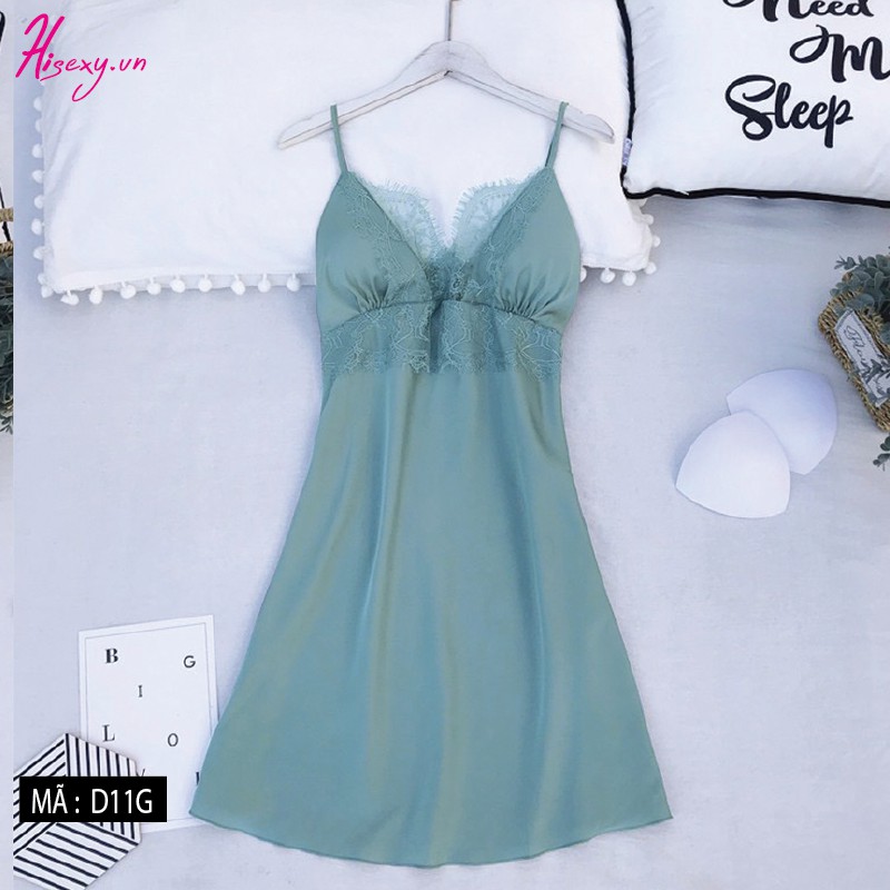 HISEXY Đầm Ngủ Lụa Satin Cao Cấp Mặc Nhà Có Mút Ngực Đủ Size Dưới 65Kg Ren 18cm MD04