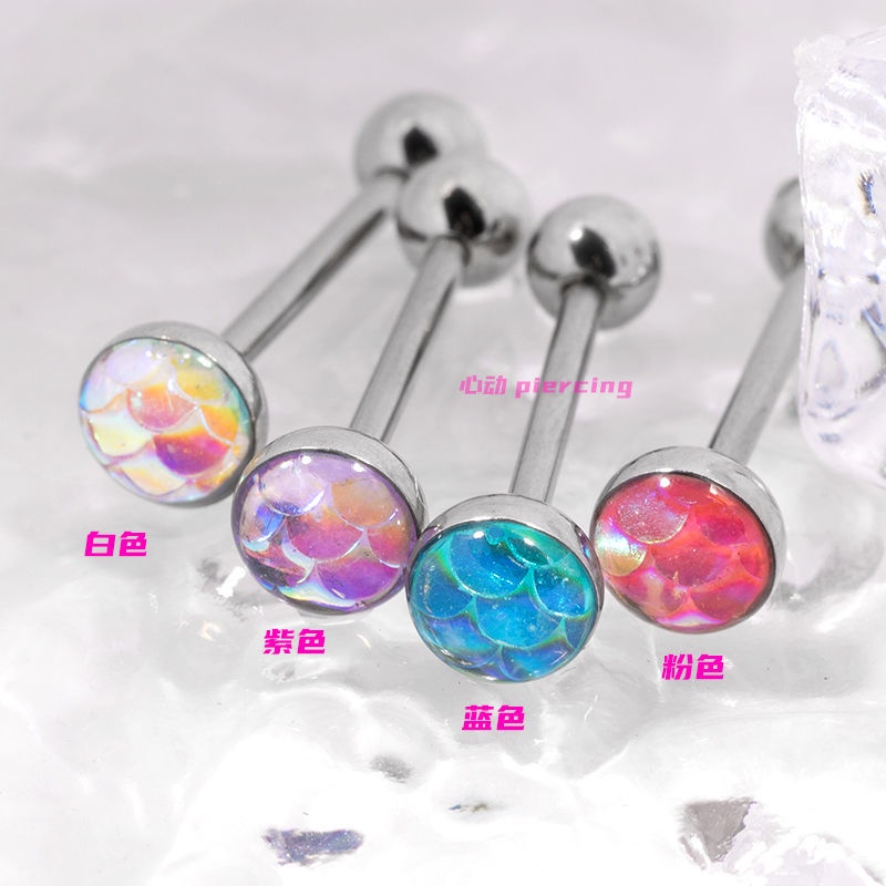 Khuyên Lưỡi Bằng Thép Titan 1.2mm Họa Tiết Vảy Cá Phong Cách Âu Mỹ