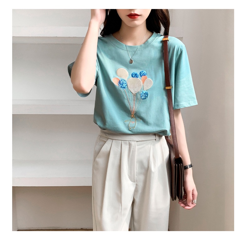 Áo Thun Tay Ngắn Cổ Tròn In Hình Bong Bóng Thời Trang Mùa Hè Hàn Quốc Cho Nữ