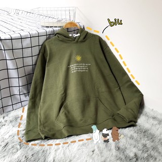 Hoodie Nỉ Bông thêu hình MẶT TRỜI+CHỮ HÀN Xanh Rêu Unisex