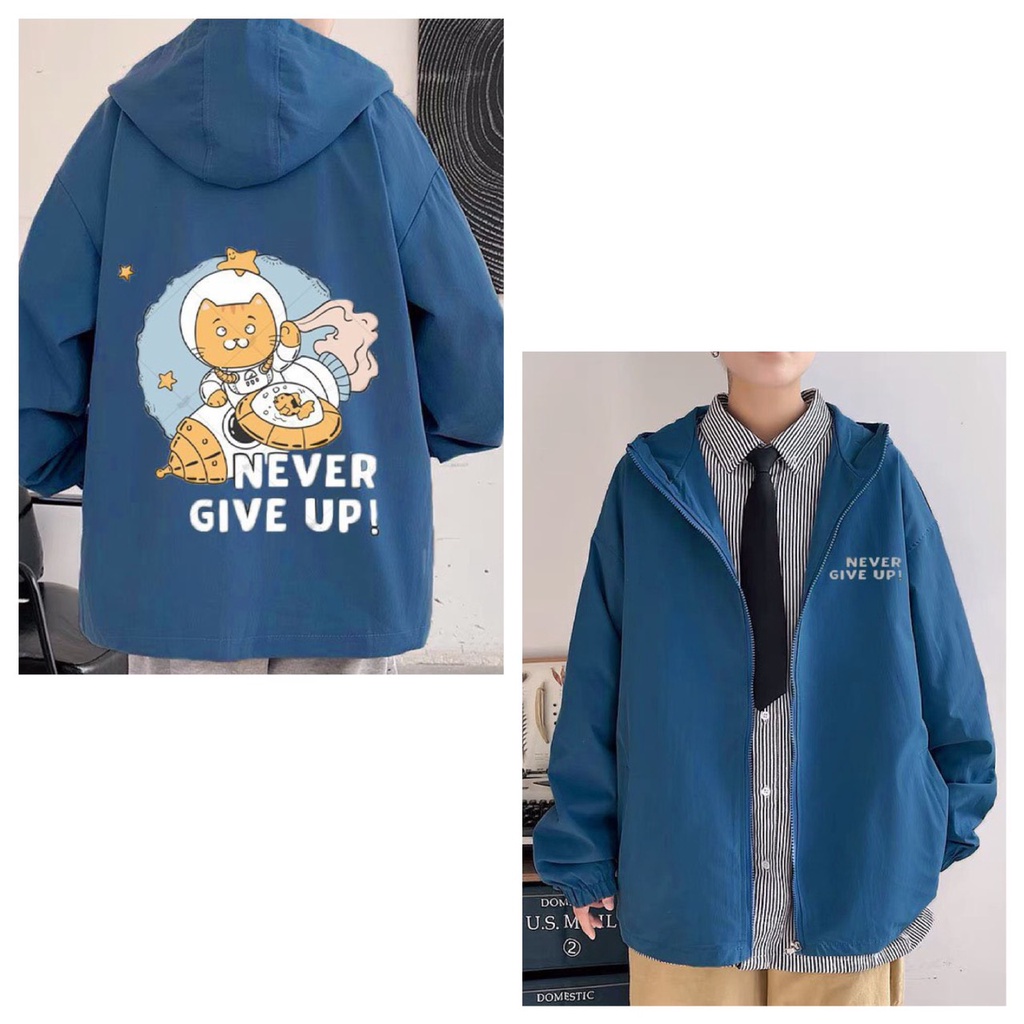 Áo khoác dù nữ from rộng dạng unisxe , khoác vải dù 2 lớp dây kéo khóa phối nón  NEVER GIVE UP