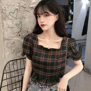 Áo Sơ Mi Nữ Tay Ngắn Cổ Vuông Họa Tiết Caro