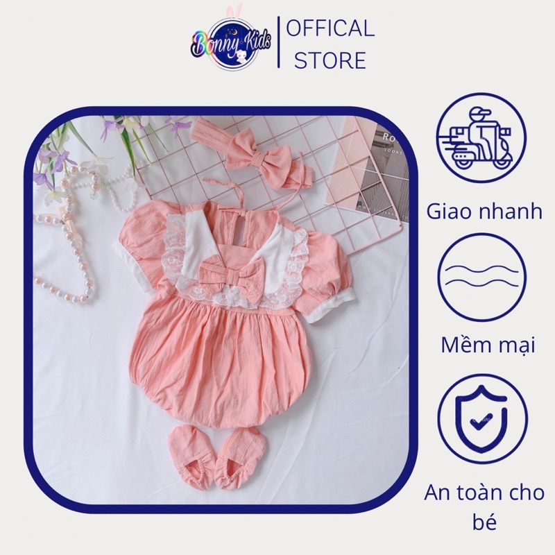 Bodysuit Hồng Cổ Thuyền Cộc Tay Cho Bé Gái 0-12 Tháng Kèm Băng Đô Và Tất Chân, Váy Đầy Tháng, Bodysuit Sơ Sinh