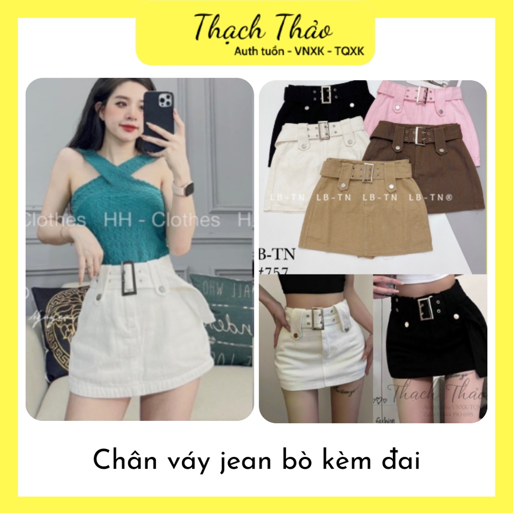 Chân váy bò kèm đai có quần trong , Quần giả váy jean kaki kèm đai siêu hot hit 4 màu trắng đen hồng nâu be