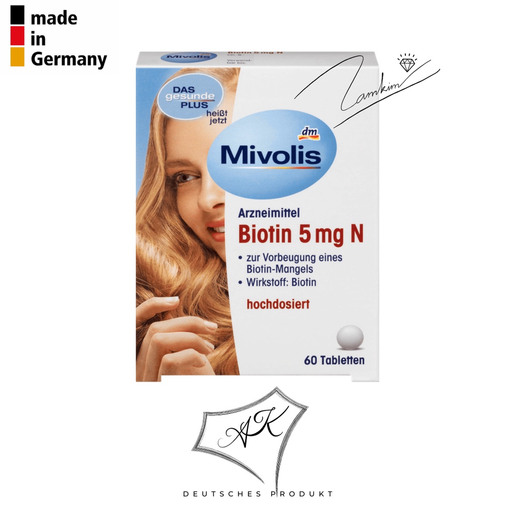 Viên dưỡng mọc tóc, giảm rụng tóc Biotin Mivolis - nội địa Đức - hộp 60 viên