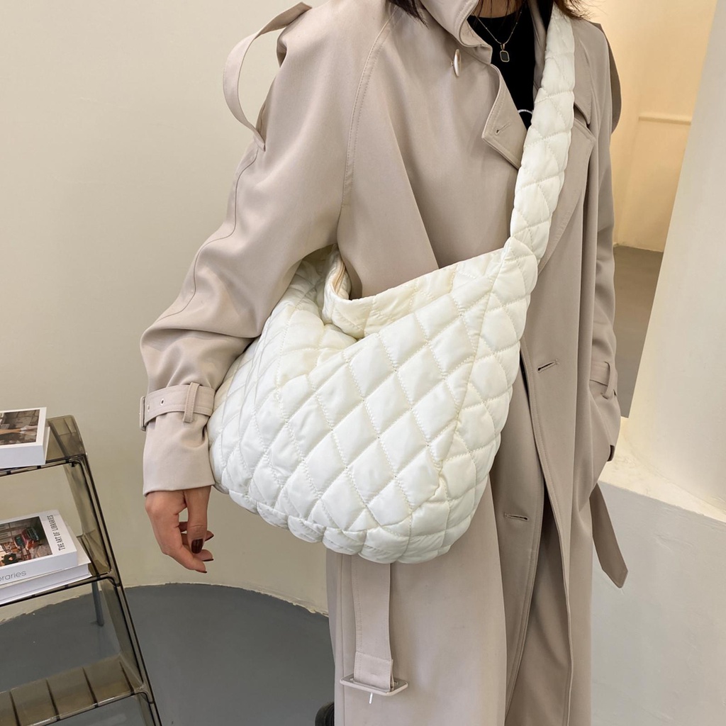 WONDER Túi Đeo Vai Cỡ Lớn Vải Cotton Họa Tiết Sọc Caro Thời Trang