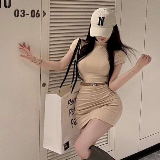 Đầm Dệt Kim Tay Ngắn Cổ Cao Thời Trang Hàn Quốc Quyến Rũ Cho Nữ Mới