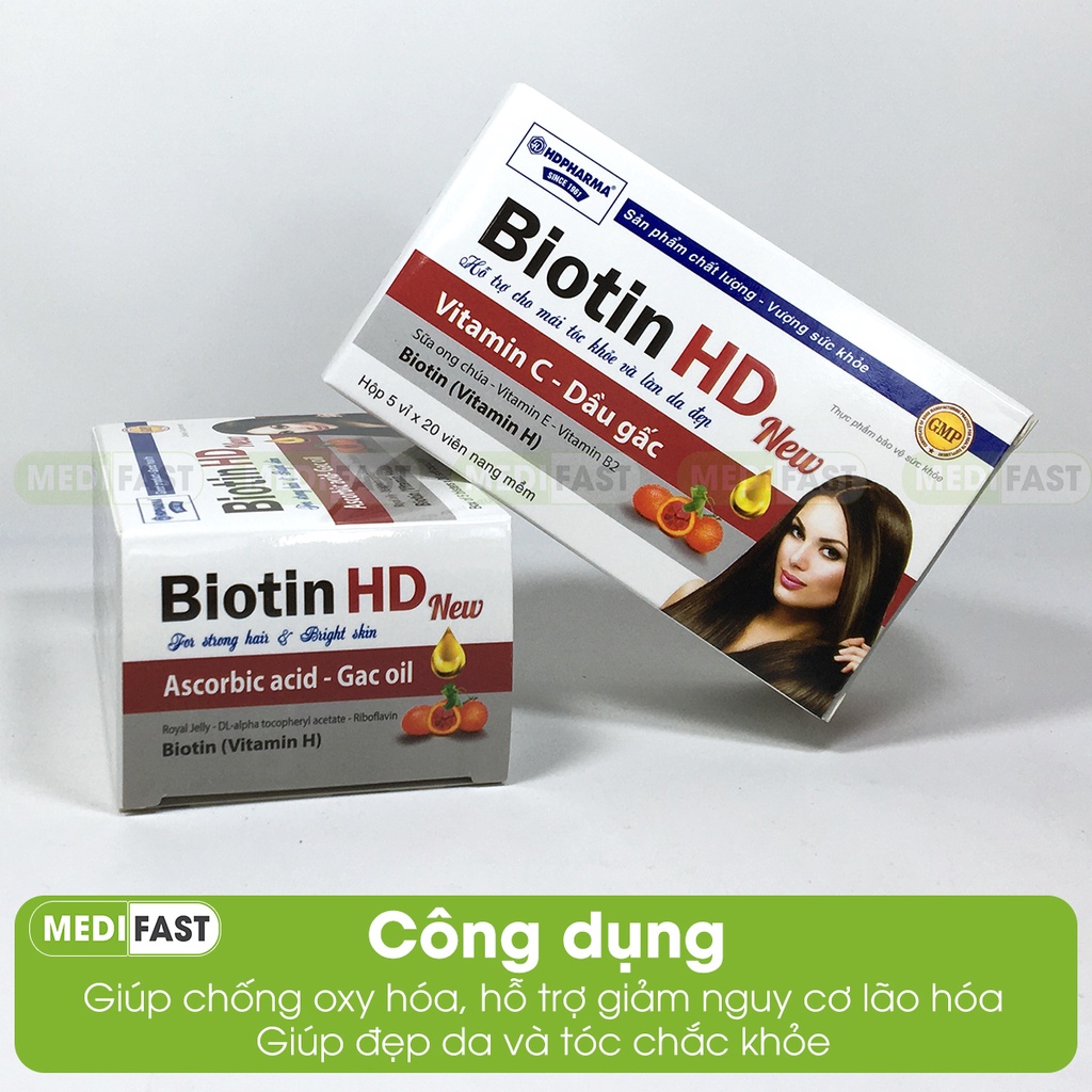 Viên uống bổ sung Biotin Vitamin H giúp ngăn ngừa rụng tóc, hói đầu, giảm lão hóa - Biotin HD NEW - Hộp 100 viên