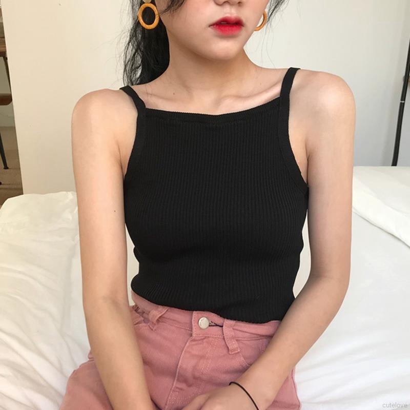 Korean Top Women Spaghetti Strap Striped Halter Knitted Camisole Women's Clothes | BigBuy360 - bigbuy360.vn