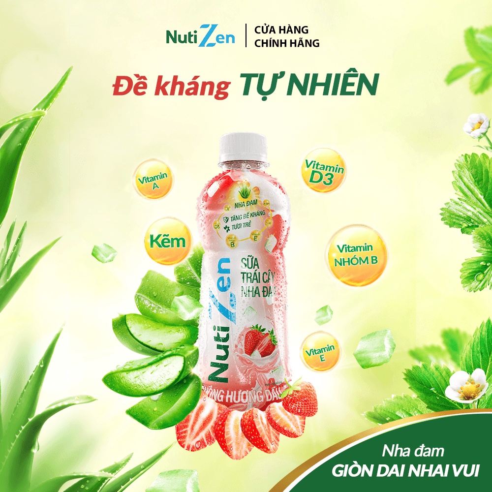 Lốc 6 chai Thức Uống Sữa Hương Dâu Sữa Trái Cây Nha Đam Nutizen 290ml/chai