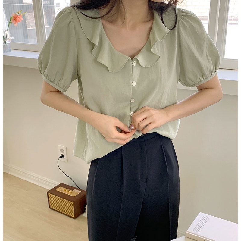 Áo Sơ Mi Tay Ngắn Phối Bèo Thời Trang Dành Cho Nữ 43802